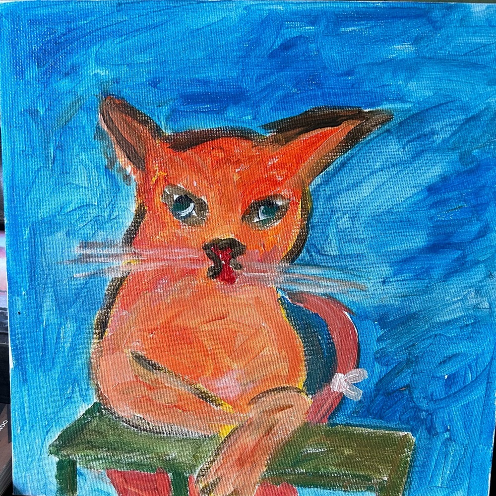 Red Kitty oil painting of Lucy with a broken tail 12x12”